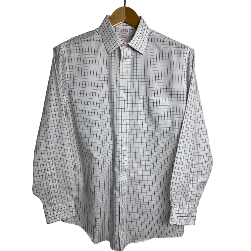 Brooks Brothers Dress Shirt Men 16 34 White Tattersall Plaid Non-Iron Cotton G05